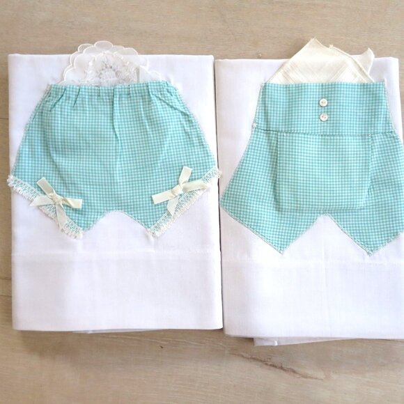 Vintage Stevens Pillowcase Set Boy Girl Gingham Pants Pocket Handkerchief Accent - Picture 7 of 13
